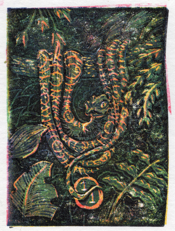 Snake token, reduction linocut