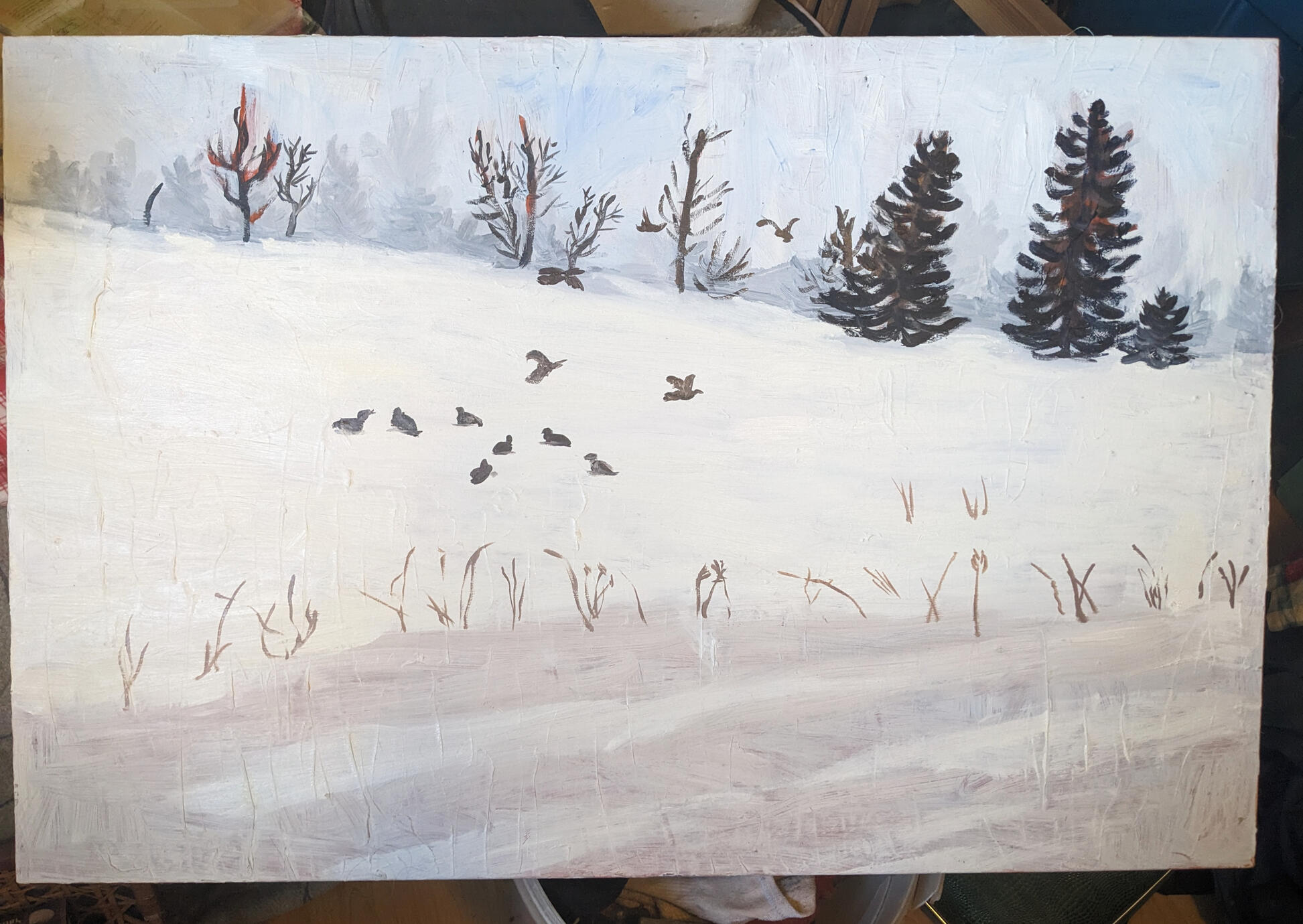 Partridges in the snow, oil on canvas